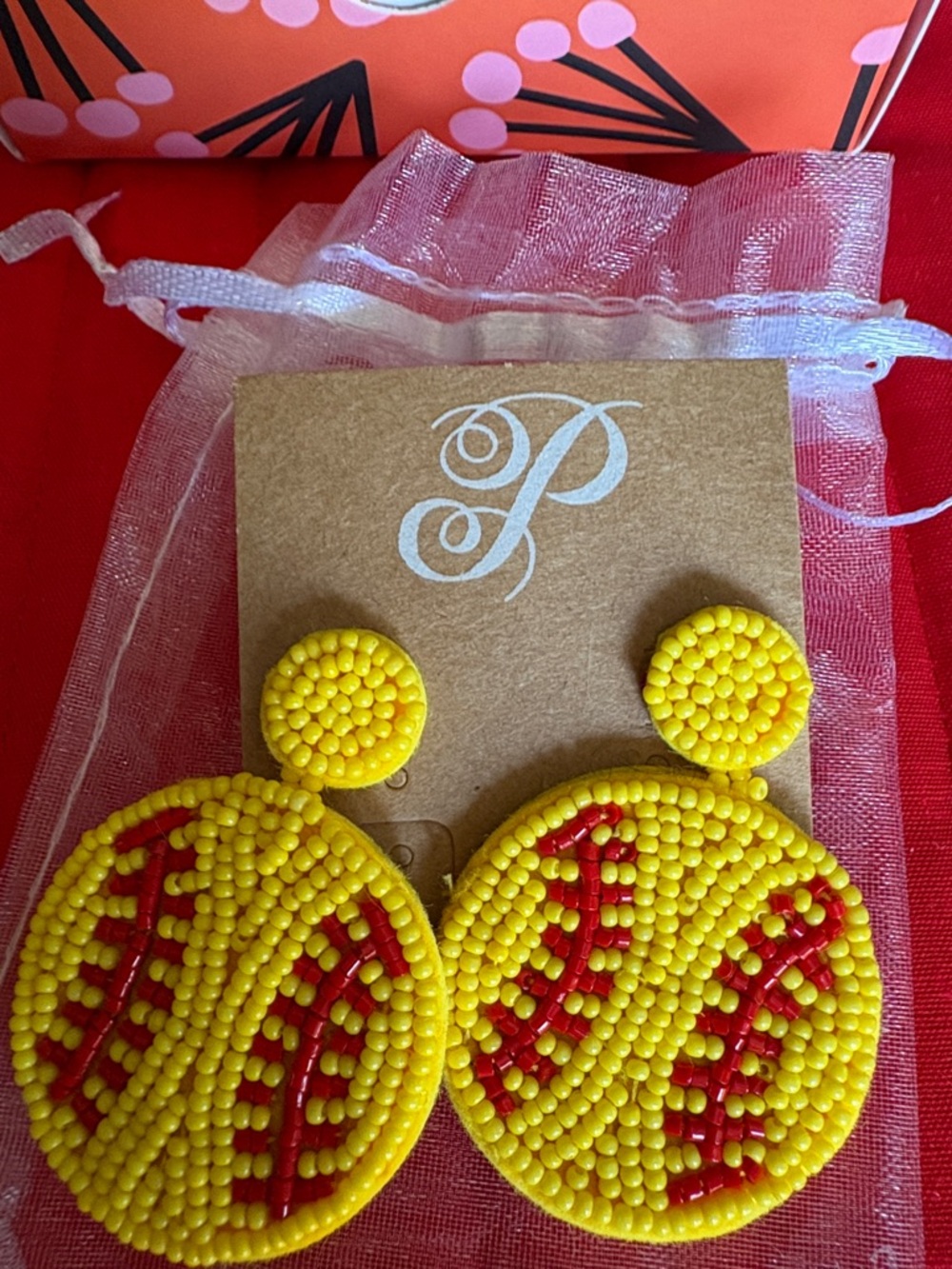 Plunder Yellow beaded w/Felt back, Disc Drop Earrings. $9